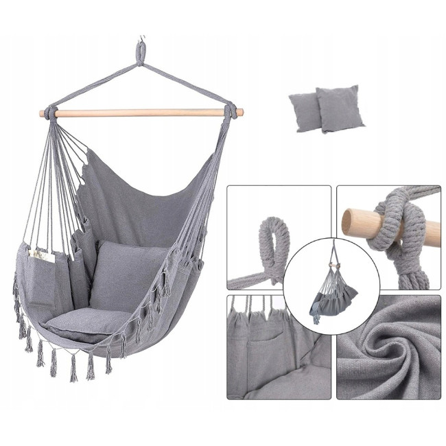 Підвісне крісло бразильський гамак BOHO 100см + 2 шт подушки Light Grey