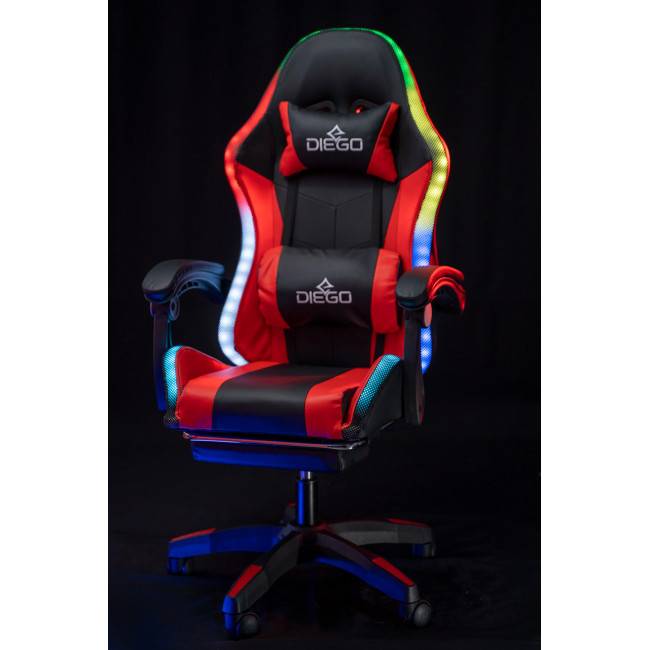 Крісло геймерське DIEGO з підставкою для ніг та підсвічуванням + масаж чорно-червоне