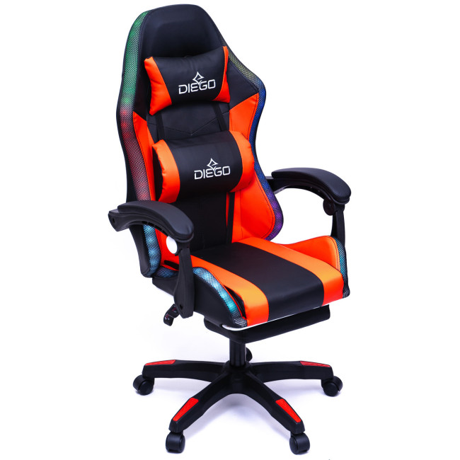 Крісло геймерське DIEGO з підставкою для ніг та підсвічуванням + масаж чорно-червоне