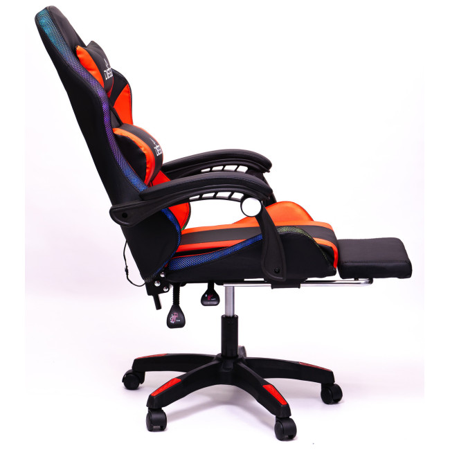 Крісло геймерське DIEGO з підставкою для ніг та підсвічуванням + масаж чорно-червоне