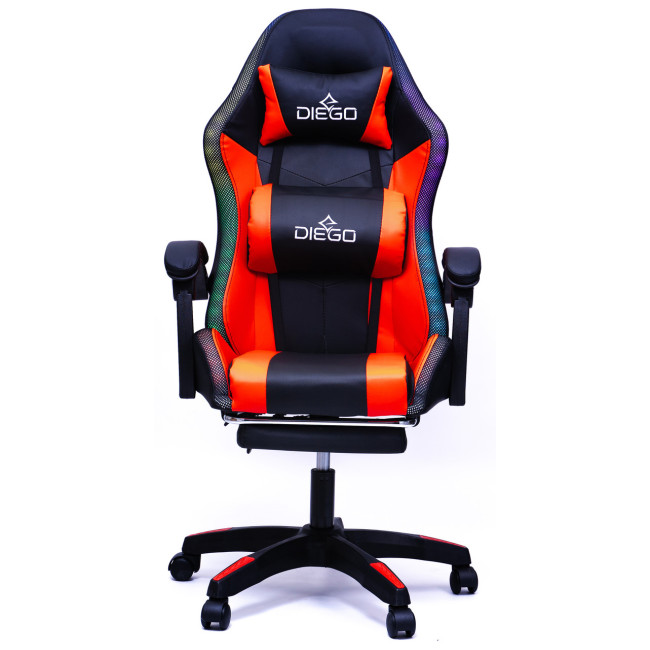 Крісло геймерське DIEGO з підставкою для ніг та підсвічуванням + масаж чорно-червоне