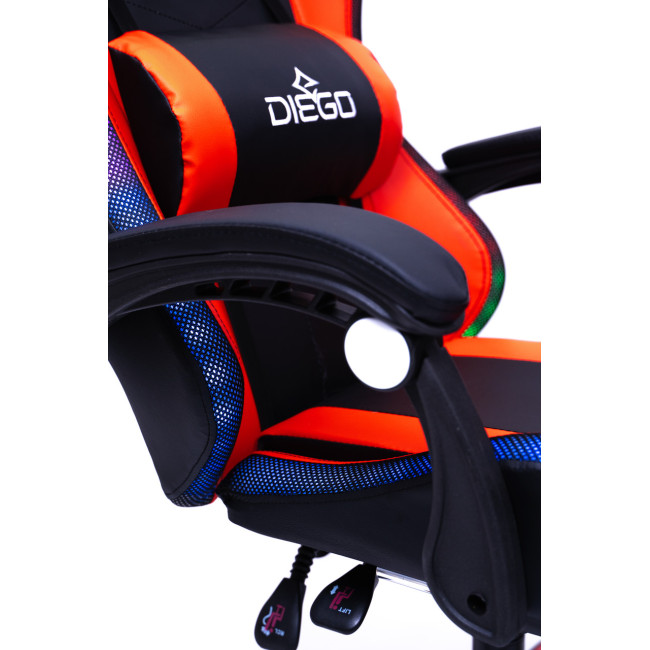 Крісло геймерське DIEGO з підставкою для ніг та підсвічуванням + масаж чорно-червоне