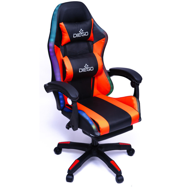 Крісло геймерське DIEGO з підставкою для ніг та підсвічуванням + масаж чорно-червоне