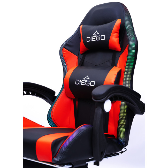 Крісло геймерське DIEGO з підставкою для ніг та підсвічуванням + масаж чорно-червоне
