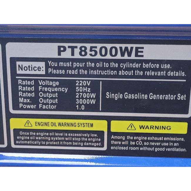 Генератор бензиновий PowerTech PT8500WE Однофазний 2,5-3 кВт