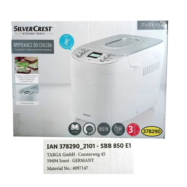 Полностью автоматическая хлебопечь SilverCrest SBB 850 E1 (850 Вт, 16 программ, 3 л, ЖК-дисплей, Гер
