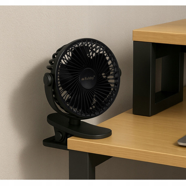 Акумуляторний настільний вентилятор з затиском Ruhhy 3в1 1200 мАч USB-C 18 x 16 x 13 см Чорний (25567)