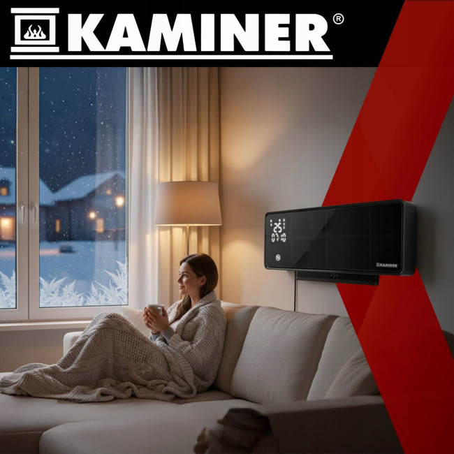 Електричний настінний обігрівач-повітряна завіса KAMINER 26399 Black (2000 Вт, Wi-Fi, скляна панель, пульт ДУ, Польща)