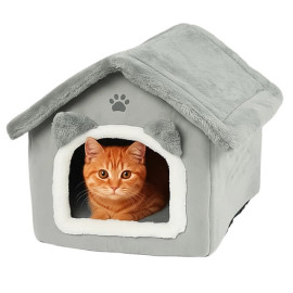 Лежанка для кота будиночок Purlov 25706 м'яка плюшева кровать з подушкою та знімним дахом на блискавці Сірий