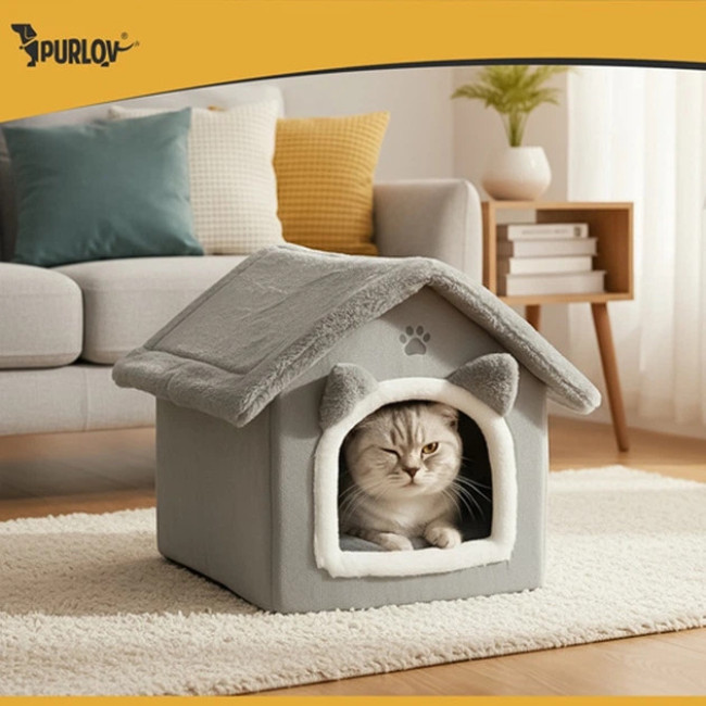 Лежанка для кота будиночок Purlov 25706 м'яка плюшева кровать з подушкою та знімним дахом на блискавці Сірий