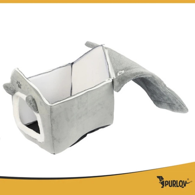 Лежанка для кота будиночок Purlov 25706 м'яка плюшева кровать з подушкою та знімним дахом на блискавці Сірий