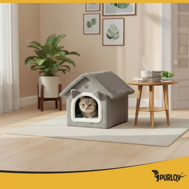 Лежанка для кота будиночок Purlov 25706 м'яка плюшева кровать з подушкою та знімним дахом на блискавці Сірий