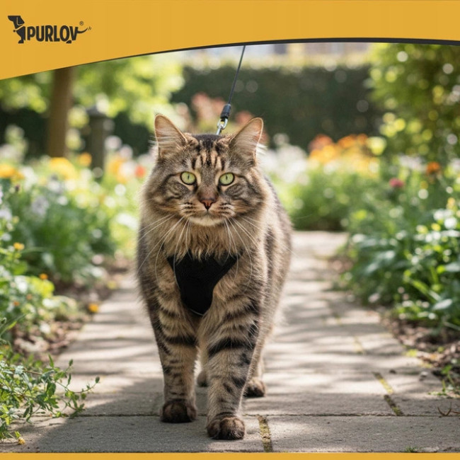 Шлейка для середніх порід собак і котів без тиску з повідцем Purlov розмір M світловідбиваюча, регульована (26870)