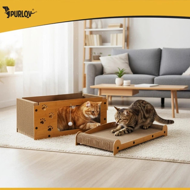Когтеточка лежанка та дім для кішок Purlov 27016 двоповерховий ігровий комплекс з підвісними іграшками