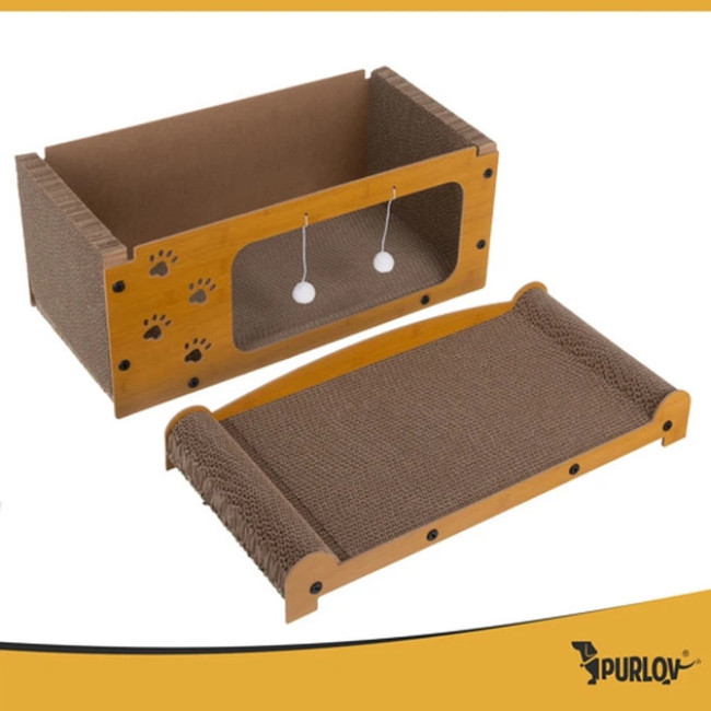 Когтеточка лежанка та дім для кішок Purlov 27016 двоповерховий ігровий комплекс з підвісними іграшками