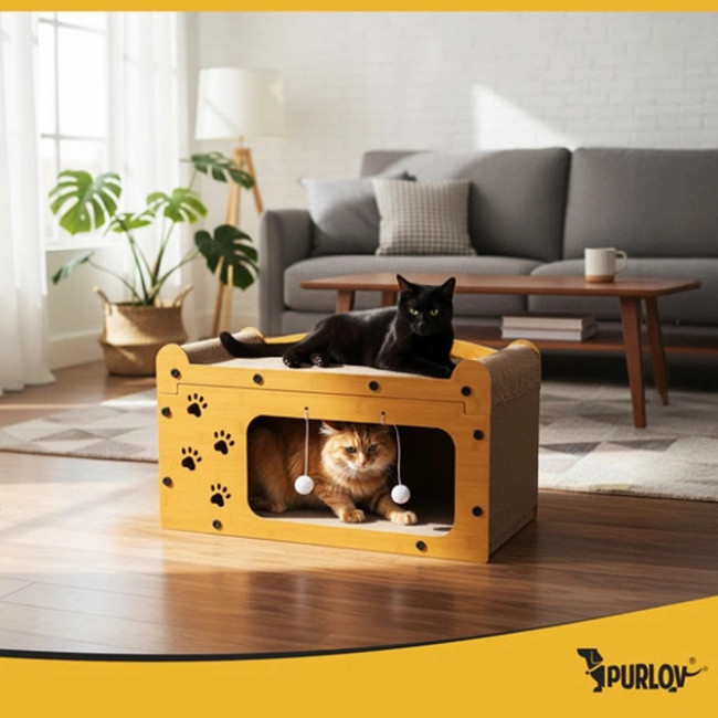 Когтеточка лежанка та дім для кішок Purlov 27016 двоповерховий ігровий комплекс з підвісними іграшками