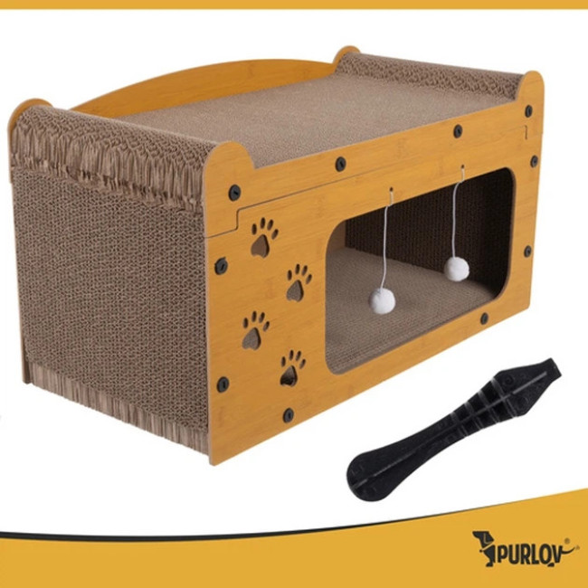 Когтеточка лежанка та дім для кішок Purlov 27016 двоповерховий ігровий комплекс з підвісними іграшками