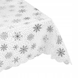 Скатертина різдвяна декоративна, Ruhhy Біла з срібними сніжинками 140 x 220 см