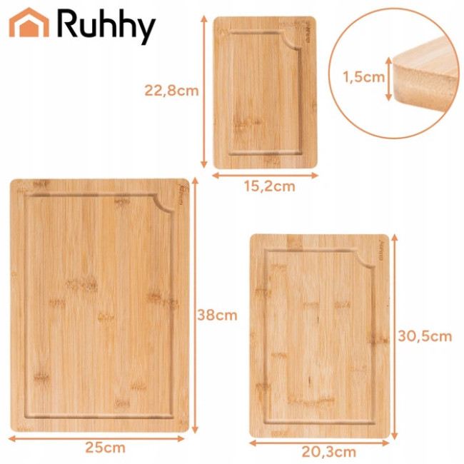 Набір бамбукових кухонних роздільних дощок Ruhhy 3 дошки з канавками для відводу рідини на підставці (26265)