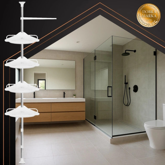 Полиця для ванної кімнати кутова Ruhhy 4 рівні, телескопічна 230 - 300 см Біла (26639)