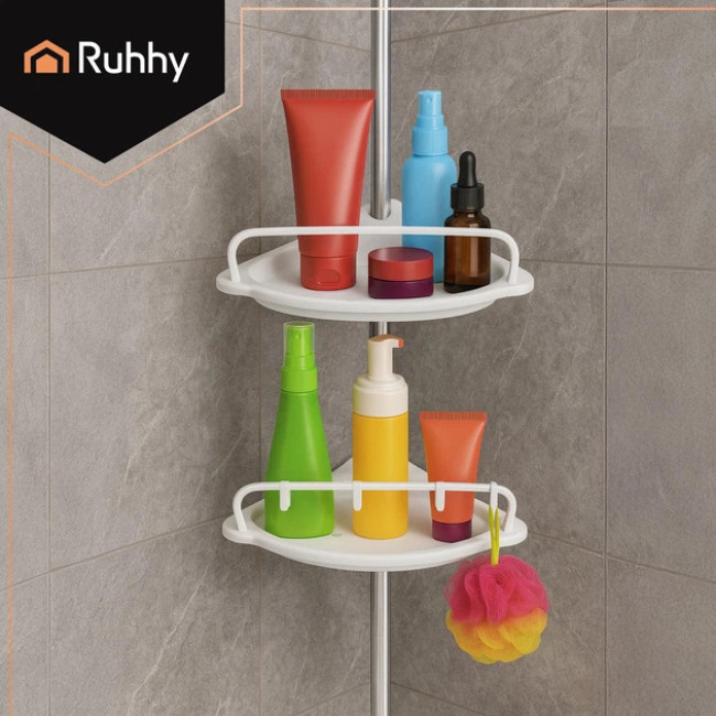 Полиця для ванної кімнати кутова Ruhhy 4 рівні, телескопічна 230 - 300 см Біла (26639)