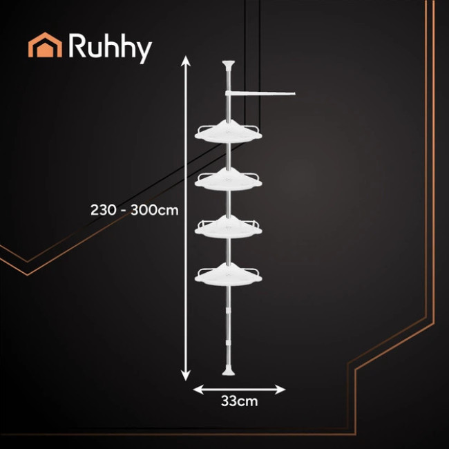 Полиця для ванної кімнати кутова Ruhhy 4 рівні, телескопічна 230 - 300 см Біла (26639)