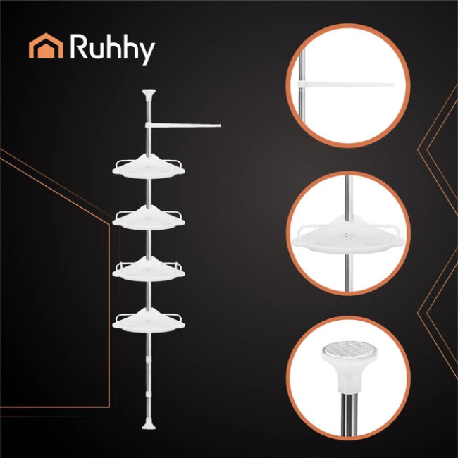 Полиця для ванної кімнати кутова Ruhhy 4 рівні, телескопічна 230 - 300 см Біла (26639)
