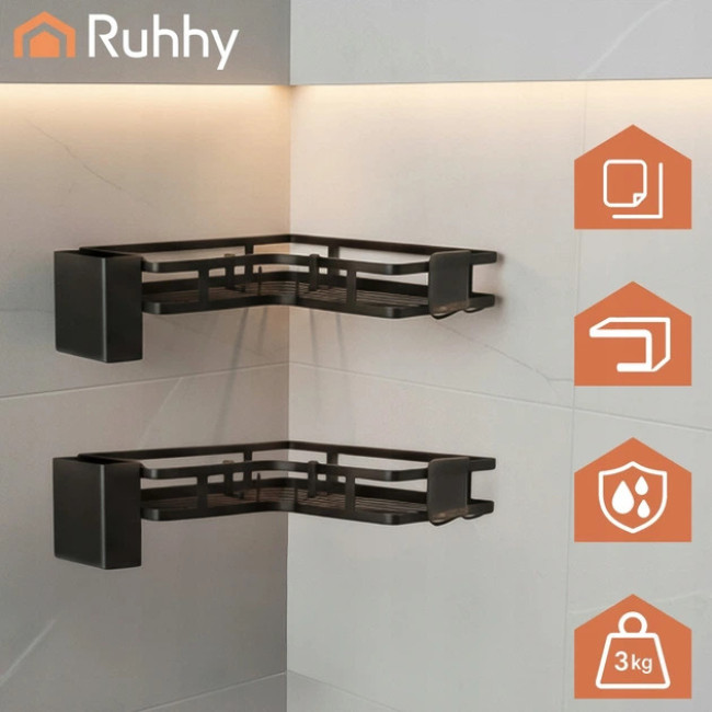 Полка для ванной кімнати кутова в стилі лофт Ruhhy набір з 2 полок, монтаж без свердління, Чорна (27092)