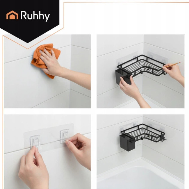 Полка для ванной комнаты угловая в стиле лофт Ruhhy набор из 2 полок, монтаж без сверления, Черная (27092)
