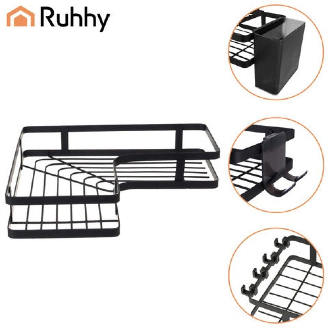 Полка для ванной кімнати кутова в стилі лофт Ruhhy набір з 2 полок, монтаж без свердління, Чорна (27092)