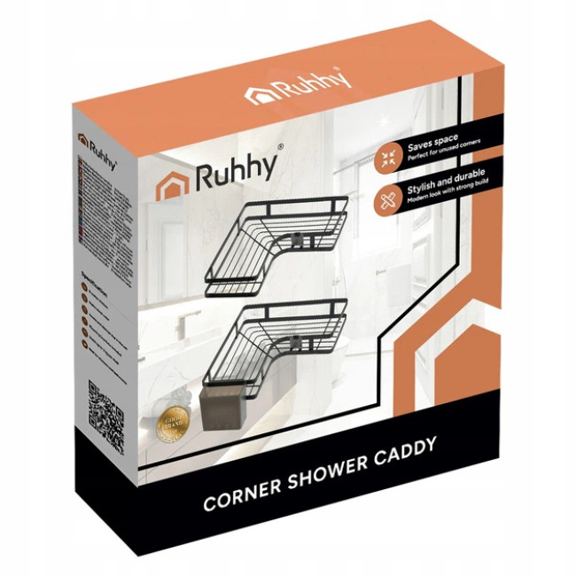 Полка для ванной комнаты угловая в стиле лофт Ruhhy набор из 2 полок, монтаж без сверления, Черная (27092)