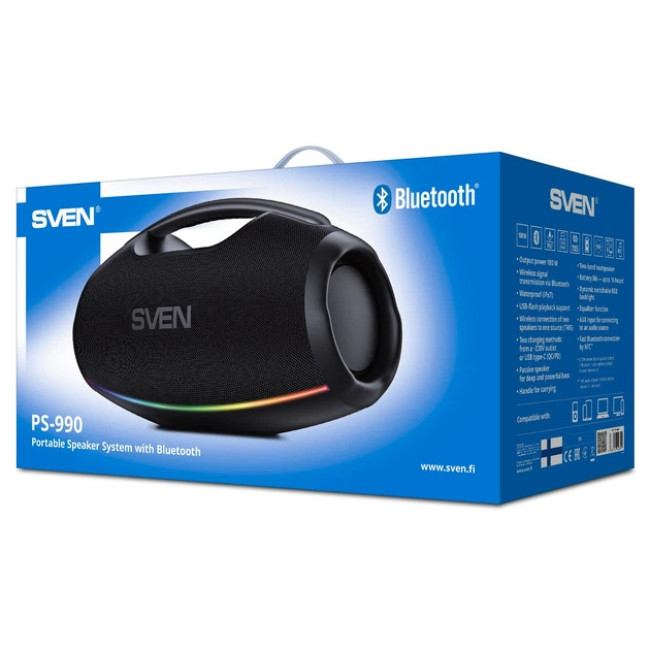 Портативная колонка бумбокс SVEN PS-990 із захистом від води 180 Вт 5200 мАч Bluetooth RGB підсвітка