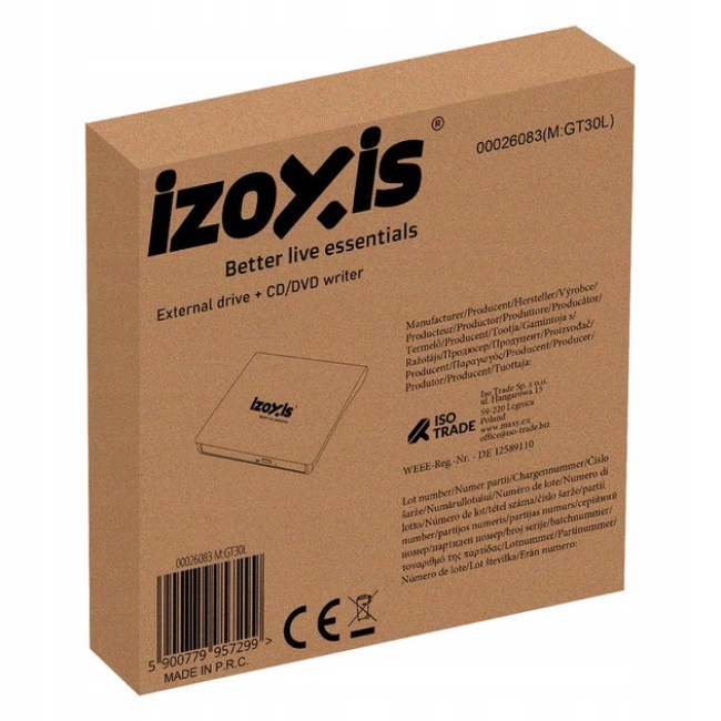 Зовнішній портативний привід Izoxis USB 3.0 записуючий DVD±R/RW, CD-RW
