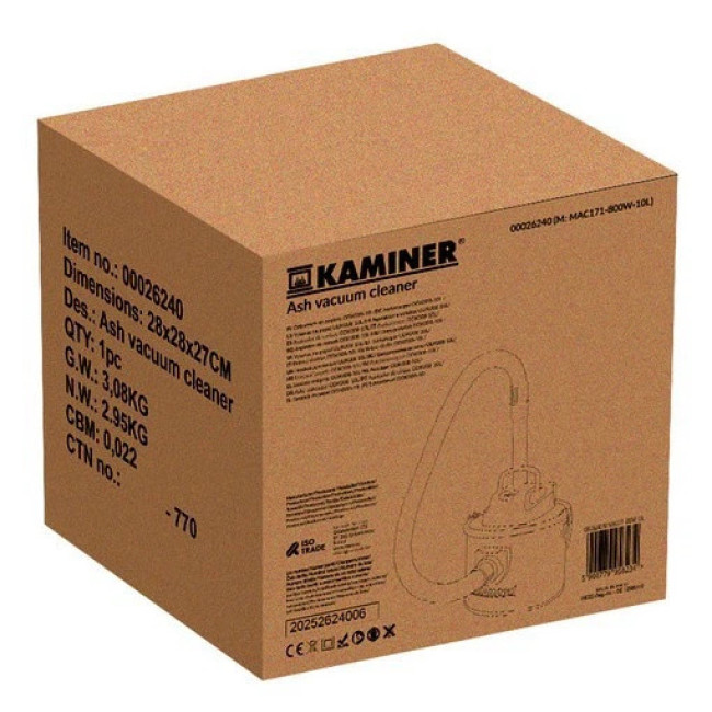 Пилосос для каміна та попелу Kaminer 26240 10л 800Вт металевий для прибирання золи