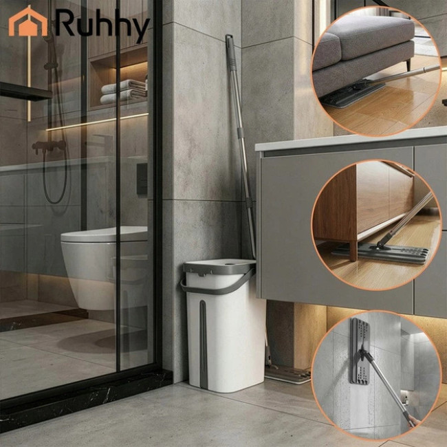 Набор для уборки Ruhhy плоская швабра с отжимом и двухкамерным ведром 11 л, 3 насадки в комплекте (27232)