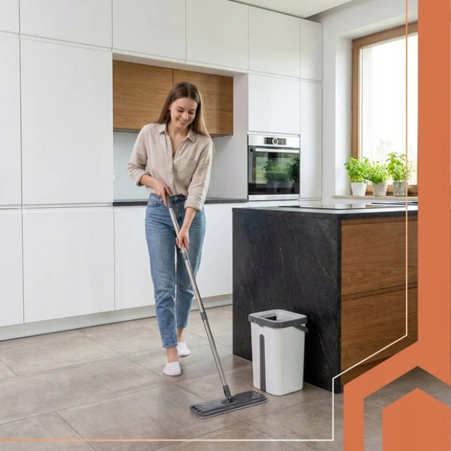 Набір для прибирання Ruhhy плоска швабра з віджимом і двокамерним відром 11 л, 3 насадки в комплекті (27232)