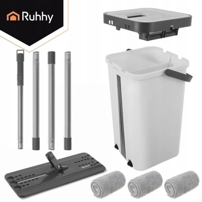 Набор для уборки Ruhhy плоская швабра с отжимом и двухкамерным ведром 11 л, 3 насадки в комплекте (27232)