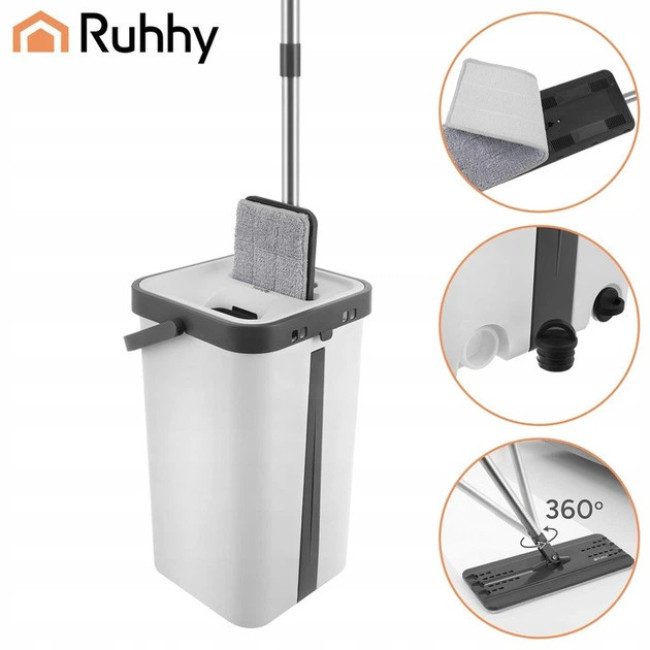 Набір для прибирання Ruhhy плоска швабра з віджимом і двокамерним відром 11 л, 3 насадки в комплекті (27232)