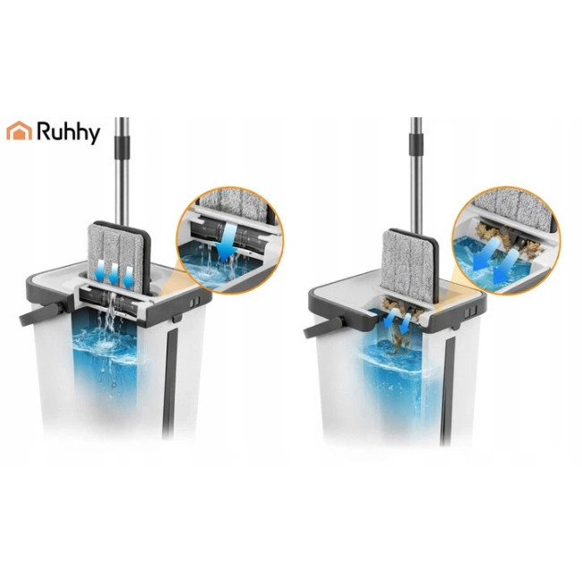 Набор для уборки Ruhhy плоская швабра с отжимом и двухкамерным ведром 11 л, 3 насадки в комплекте (27232)