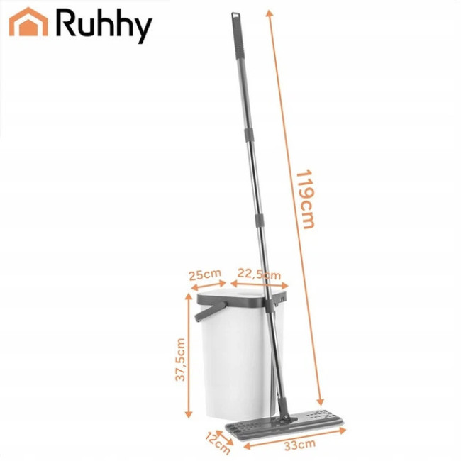 Набір для прибирання Ruhhy плоска швабра з віджимом і двокамерним відром 11 л, 3 насадки в комплекті (27232)