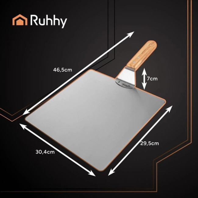 Лопата для тіста і пицци RUHHY нержавіюча сталь, дерев'яна ручка + силіконова прихватка 30.4 x 46.5 x 7 см