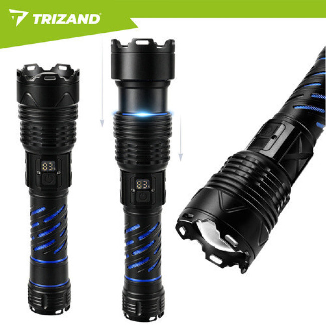 Тактичний LED ліхтар 1500 lm, акумулятор 5000 mAh, USB-C, зум, водостійкий, з функцією Power Bank. Trizand 26949