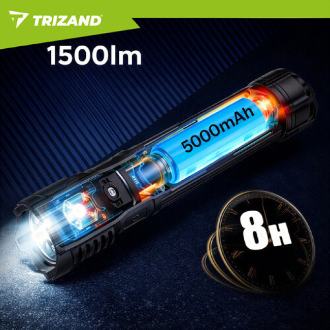Тактичний LED ліхтар 1500 lm, акумулятор 5000 mAh, USB-C, зум, водостійкий, з функцією Power Bank. Trizand 26949