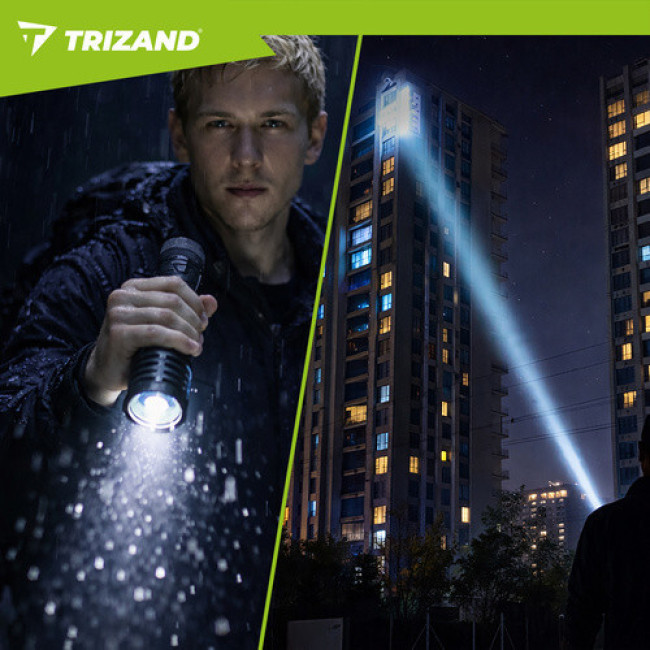 Тактичний LED ліхтар 1500 lm, акумулятор 5000 mAh, USB-C, зум, водостійкий, з функцією Power Bank. Trizand 26949