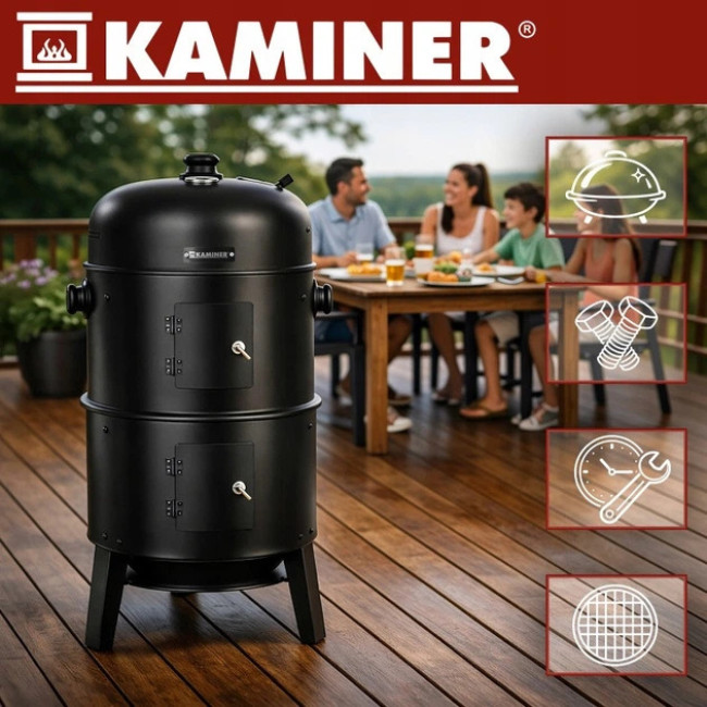 Угольный гриль с функцией коптильни и очага Kaminer 3в1 коптильня с крышкой, 2 решетки, 8 крючков для копчения (27323)