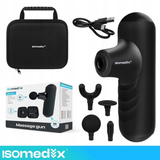 Массажер перкуссионный мышечный Isomedix Mini Gun аккумуляторный 4 насадки 5 режимов + защитный кейс
