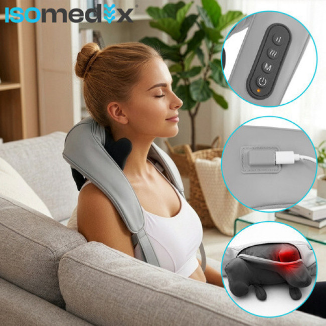 Масажер для шиї Shiatsu бездротовий з підігрівом, 22.2W, USB-C, авто-вимкнення, чорний. Isomedix 27467
