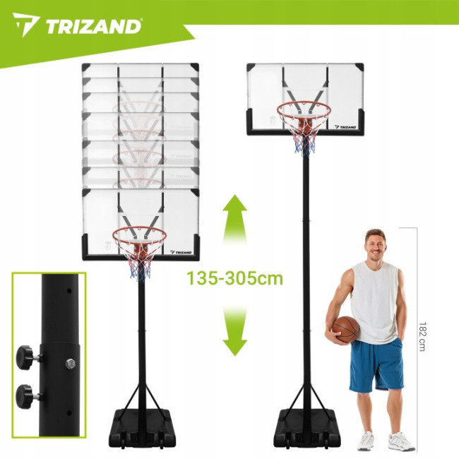 Баскетбольная стойка с корзиной и мячом Trizand XL регулировка высоты 135 305 см, мобильное основание (27365)