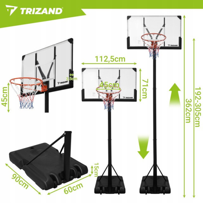 Баскетбольная стойка с корзиной и мячом Trizand XL регулировка высоты 135 305 см, мобильное основание (27365)