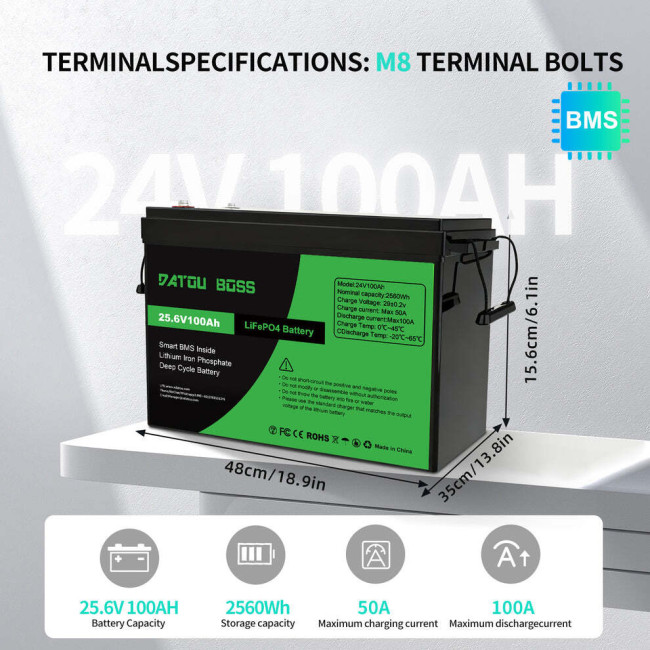 Акумулятор DATOU BOSS 24V 100Ah з BMS, LiFePO4 для сонячних систем, ДБЖ, RV (SP-DT-24V100A-A01-EU)